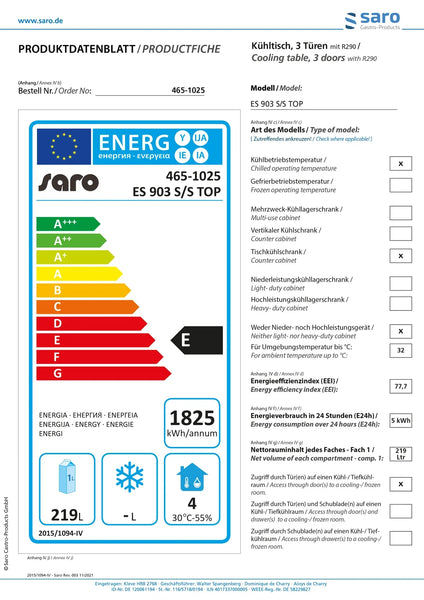 SARO 3-dörrars kylbänk, modell ES 903 S/S TOP